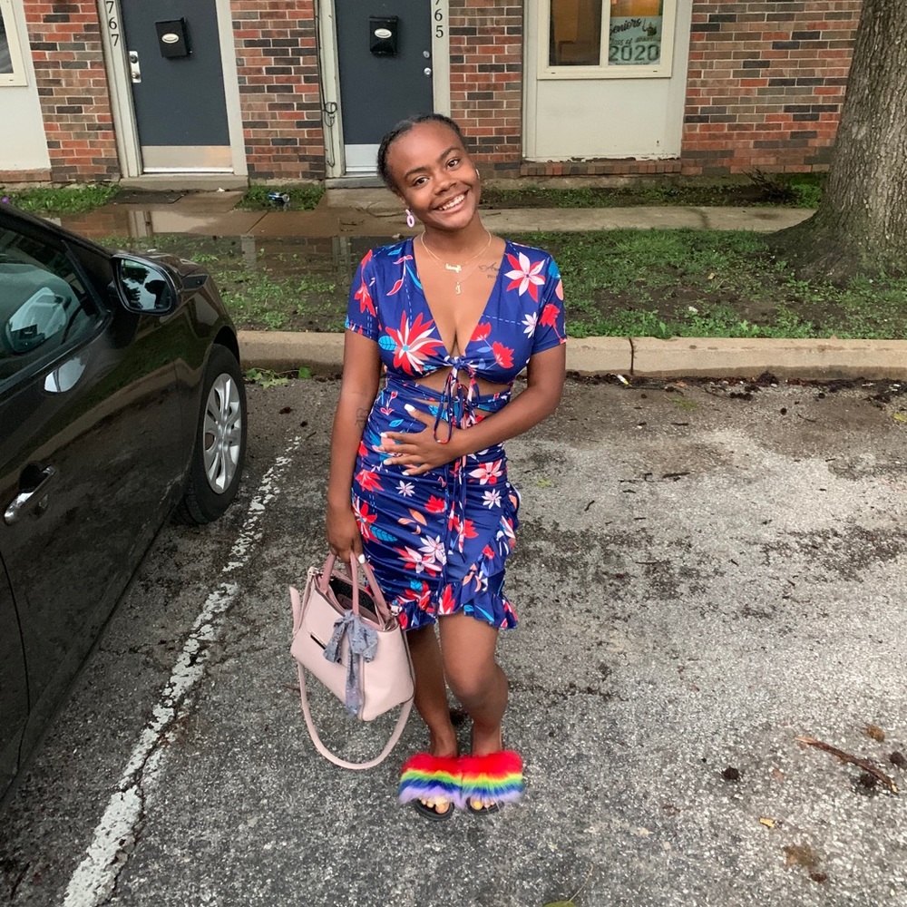 Blue floral front tie dress